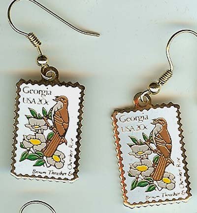 Brown Thrasher Rose Georgia stamp earrings 1962ew NIP S