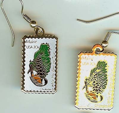 Maine Chickadee White Pine stamp earrings 1971ew S
