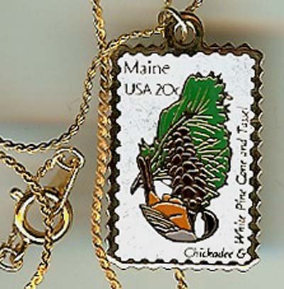 Maine Chickadee white pine stamp necklace pendant 1971n S