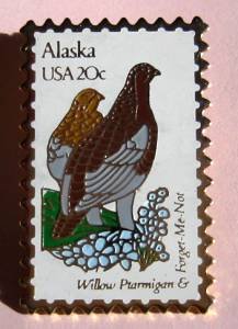Alaska Willow Ptarmigan Forget-me-not stamp pin 1954