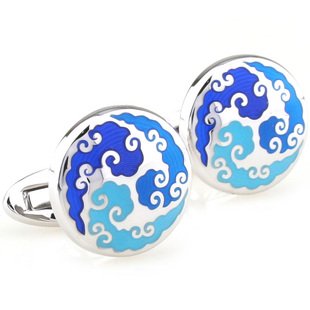 Enamel Blue Auspicious Cloud Cufflinks FREE Velvet Gift Pouch