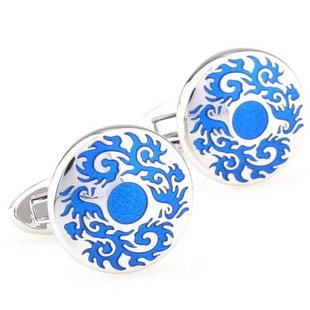 Round Blue Gothic Medallion Cufflinks FREE Velvet Gift Pouch