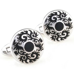 Round Black Gothic Medallion Cufflinks FREE Velvet Gift Pouch