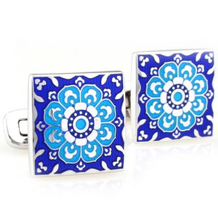 Blue Tracery Square Enamel Cufflinks FREE Velvet Gift Pouch