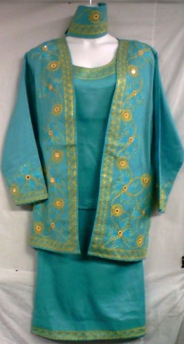African Women Clothing 4PCs Skirt Set outfit Sea Green Gold 9104 1X 2X 3X
