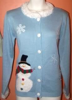 Ladies M Cardigan Sweater Snowman Snowflakes Light Blue