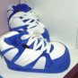 SLIPPERS HAPPY FEET BLUE AND WHITE TENNIS SHOES SUPER SOFT SIZE EXTRA LARGE NEW HOUSE SLIPPERS