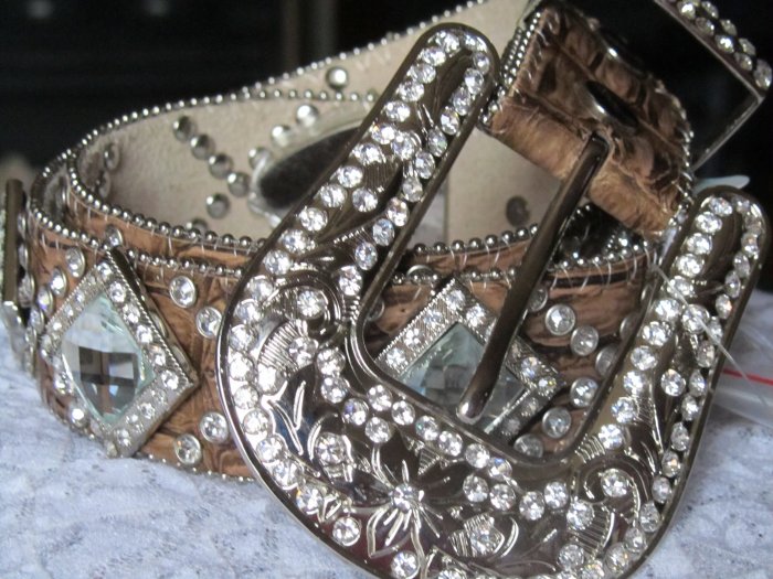 Studded Tan Belt w/Clear Crystals - Small