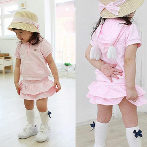 Girls' Suits Three-dimensional wing Angel suits baby short sleeve Hooded Sweater + Skirts suits