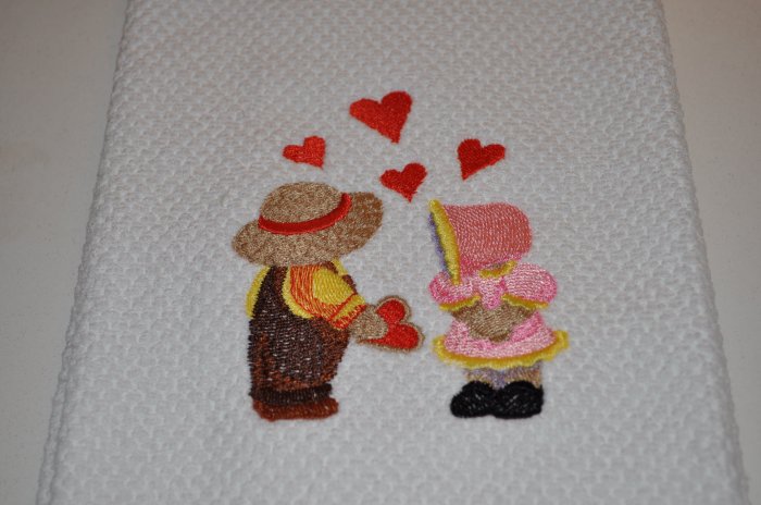 "Sunbonnet Sue & Fisherman Fred" Valentines Day Kitchen Dishtowel