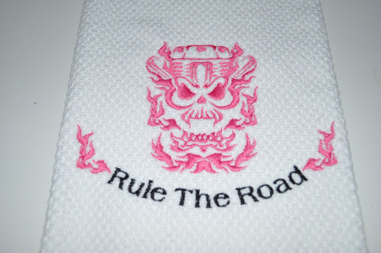 "Rule The Road" Skull Engine Kitchen Dishtowel (Pink)