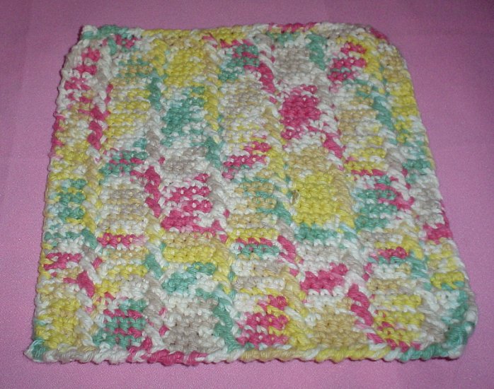 Yellow, Sage, Pink, Tan and White Crocheted Dishcloth