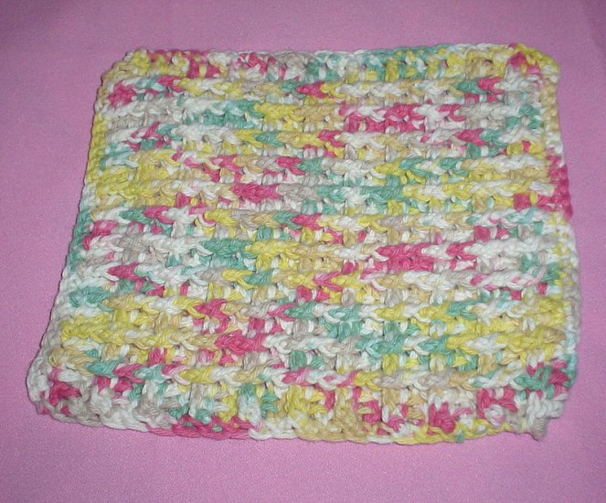 Yellow, Sage, Pink, Tan and White Crocheted Dishcloth
