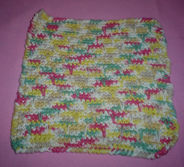 Yellow, Sage, Pink, Tan and White Crocheted Dishcloth