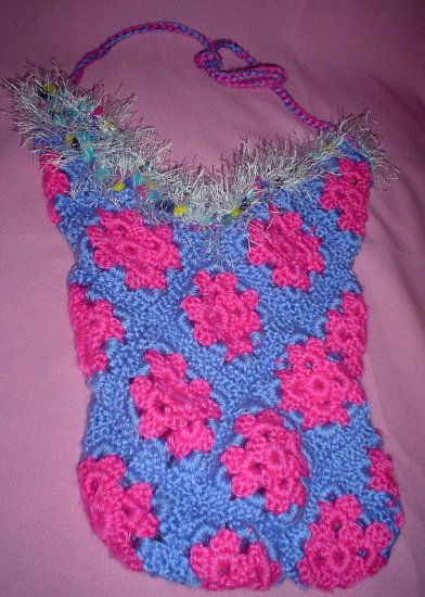 Granny Square Beach Bag Pink and Blue with fur