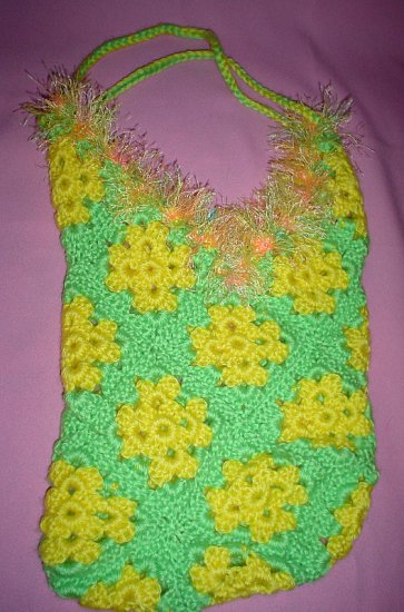 Granny Square Beach Bag Green and Yellow with fur