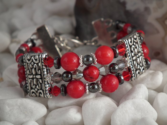 ***SOLD*** Red Coral & Hematite Triple Strand Bracelet