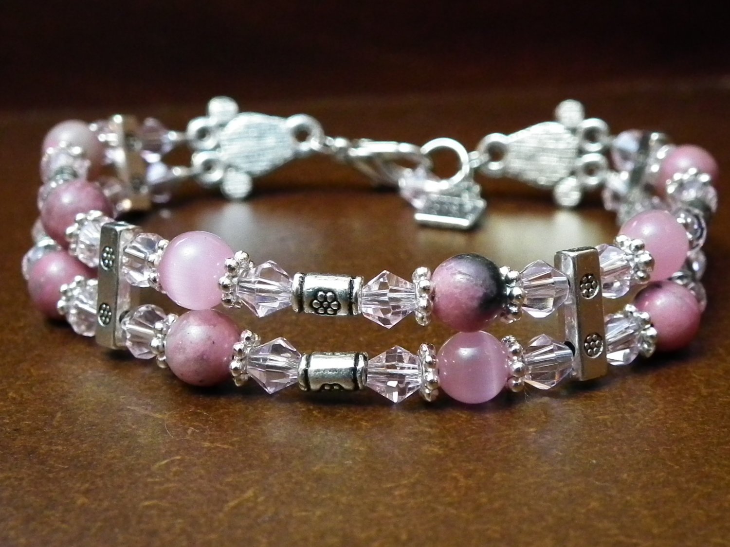 *** SOLD ***Rhodonite & Cat's Eye Two Strand Bracelet