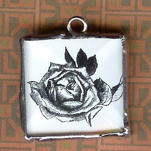 Glass Charm Black and white Rose