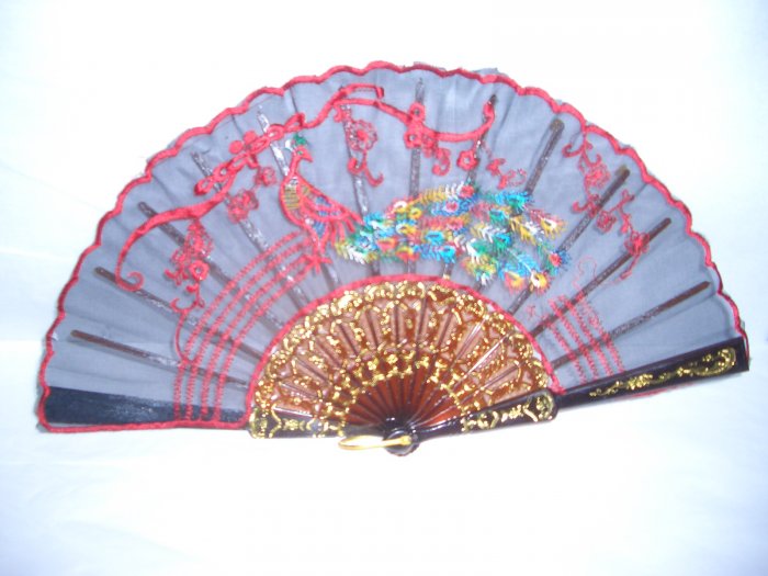 Chinese Red Peacock and Blue Panda Hand Fan Embroidery x 4 .
