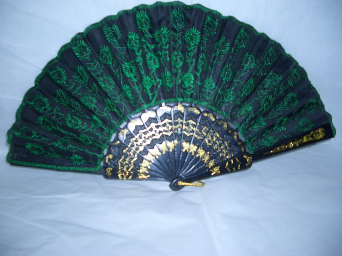 Chinese Peacock Tail (GREEN) Hand Fan Embroidery ~ Nice color