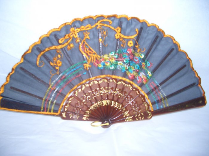Chinese Orange Peacock Hand Fan Embroidery.