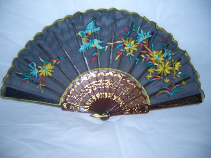 Chinese Twin Bird ( Turquoise color ) Hand Fan Embroidery.