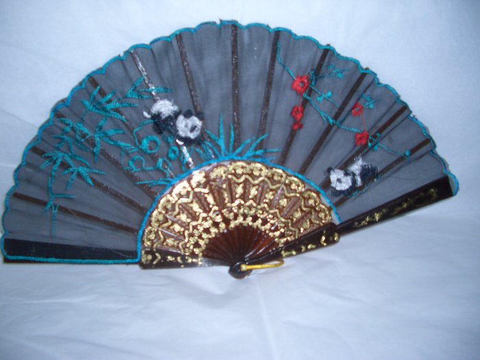 Chinese Panda (Blue) Hand Fan Embroidery.