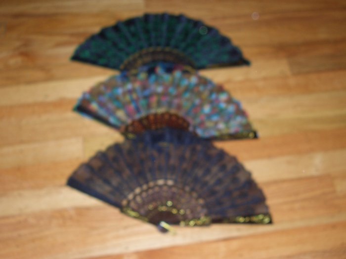 CHINESE PEACOCK TAIL HAND FAN x 3 GREEN, RAINBOW, BLACK