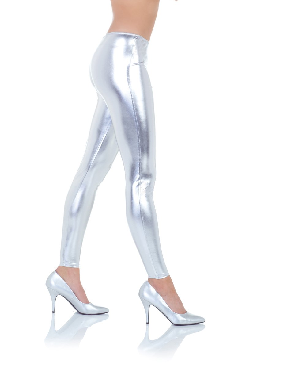 Silver Wet Look Leggings Clothing Quicksilver Metallic Effect Stretching Tights  Shiny Women Streetwear Slim Fit Liquid Tights Pants 