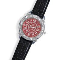 Black Leather Men's Fashion Watch with Red Face and clear Crystals