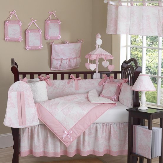DESIGNER BOUTIQUE PINK TOILE BABY CRIB BEDDING 9PC SET