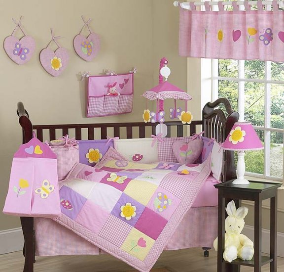 NEW PINK GARDEN BABY CRIB BEDDING 9p INFANT NURSERY SET