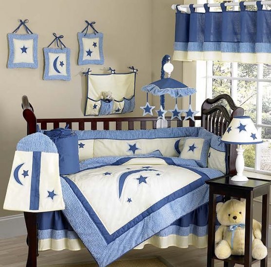 NEW MOON and STARS INFANT BABY BOY BEDDING 9p CRIB SET