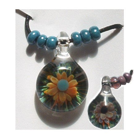 Handblown Floral Glass Bead on Adjustable Cord