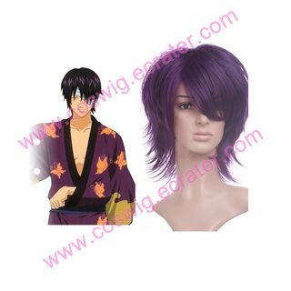 Purple Gintama Takasugi Shinsuke 35cm Anime Nylon Halloween Cosplay wig