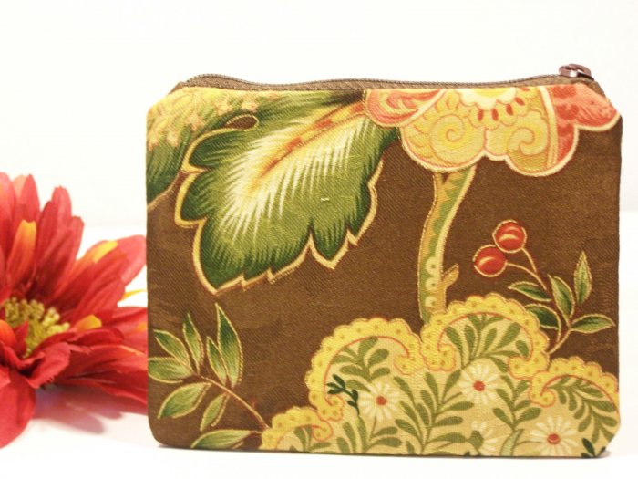 Brown with Floral Pattern Design Zipper Coin Purse