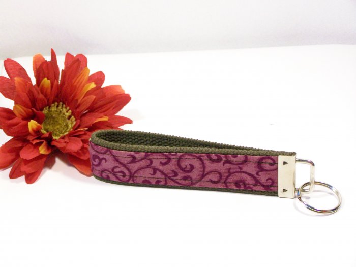 Green Flowers and Burgundy Swirls Key Chain~Key FOB~Wristlet