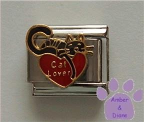 Cat lover on red heart with black cat Italian Charm