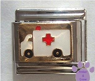 Red Cross Ambulance Italian Charm for Paramedic or EMT on gold tone
