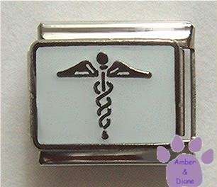 Silvertone Caduceus Medical Symbol Italian Charm on white enamel