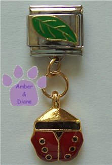 Lady Bug Hanging from a Leaf Enamel Dangle Italian Charm