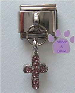 Cross Dangle Italian Charm with Pink Crystals