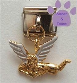 Gold Tone Angel Italian Dangle Charm with White Wings