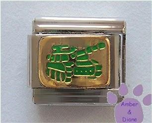 Green Army Tank Italian Charm on Goldtone Background