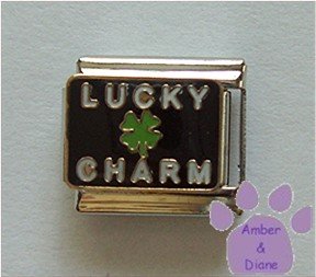 LUCKY CHARM Italian Charm with 4 Leaf Clover on Black Background