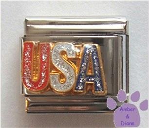 USA Italian Charm with Red, White & Blue glitter lettering