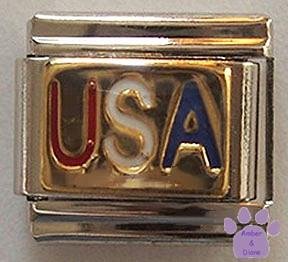 USA Italian Charm with Red, White & Blue lettering on gold