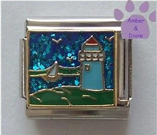 Light House Italian Charm with Blue Glitter Ocean