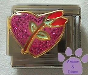 Pink Glitter Heart with Red Rosebud Enamel Italian Charm "Love"